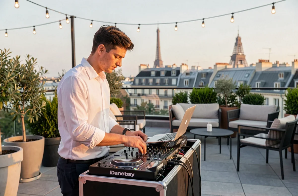 LDGSON en set DJ sur une terrasse parisienne avec la skyline de Paris en arrière-plan lors d'un événement en rooftop