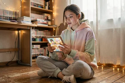 Jeune femme lisant un webtoon sur tablette dans une chambre d'étudiant cosy entourée de mangas