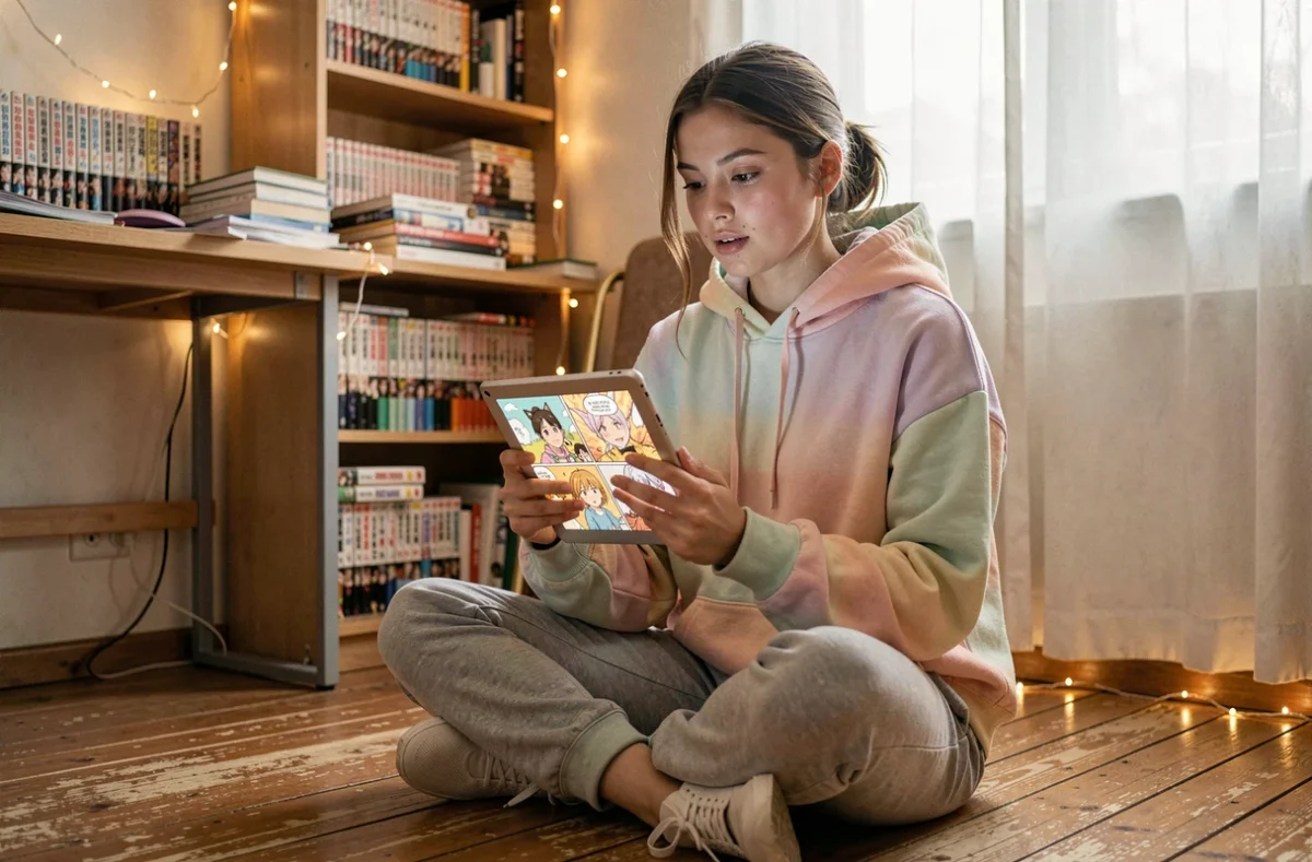 Jeune femme lisant un webtoon sur tablette dans une chambre d'étudiant cosy entourée de mangas