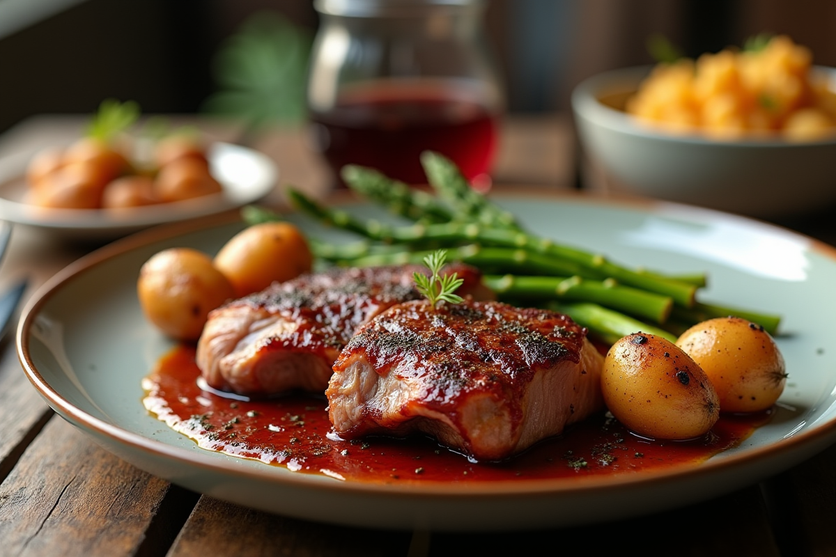 Magret de canard joliment présenté avec légumes et sauce