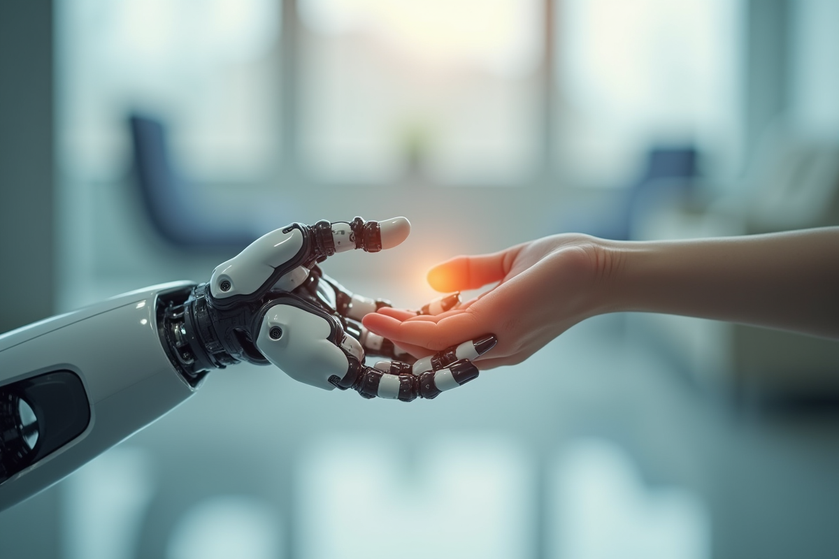 Main robotique tenant doucement une main humaine symbolisant la relation technologie et humanite