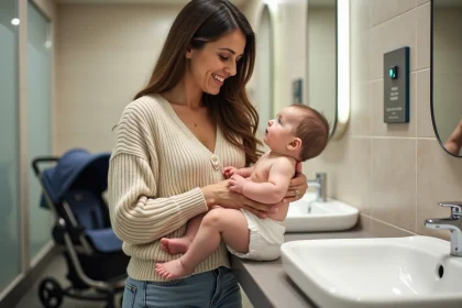 Jeune maman changeant son bébé dans un espace famille moderne