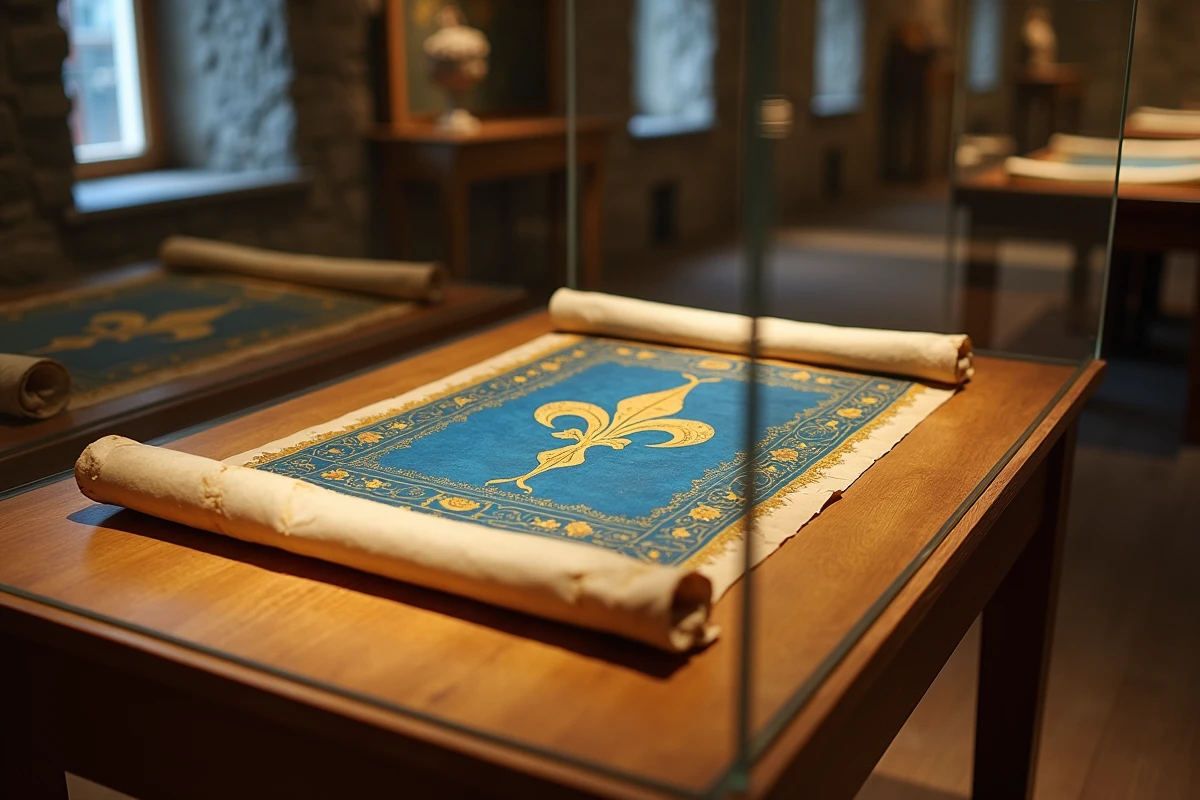 Manuscrit médiéval sur parchemin représentant des fleurs de lis dorées sur fond bleu royal, symbole du drapeau des rois de France