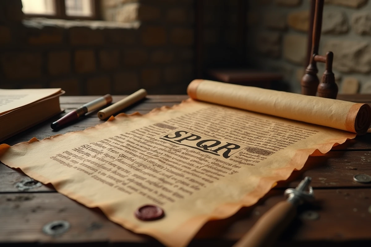 Manuscrit ancien en latin avec l'inscription SPQR en calligraphie sur un bureau de studieux