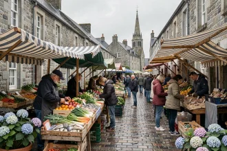 Marché en plein air de Plouguerneau avec étals de producteurs locaux et visiteurs sur la place du village breton