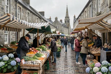 Marché en plein air de Plouguerneau avec étals de producteurs locaux et visiteurs sur la place du village breton