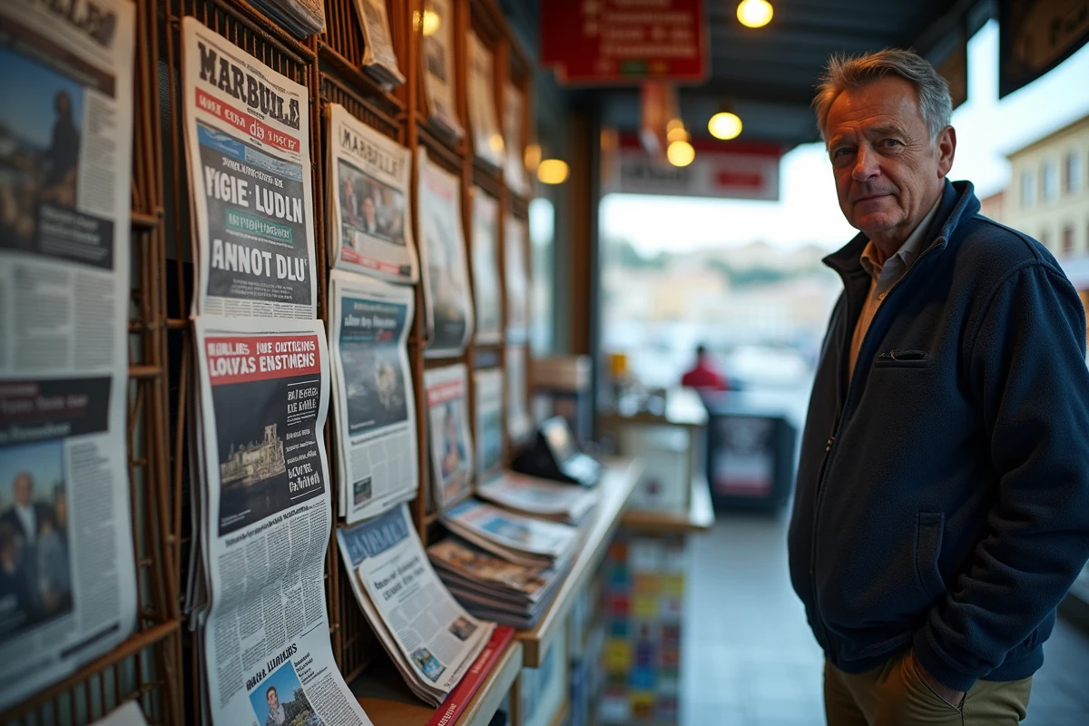 Présentoir de journaux affichant des unes dramatiques sur Marseille, illustrant le réflexe médiatique de la mettre en tête des classements