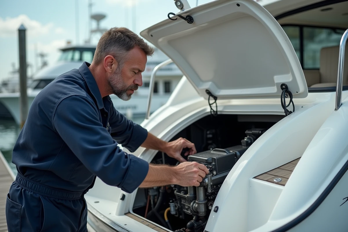 Mécanicien nautique inspectant un moteur inboard sur un bateau à moteur dans une marina