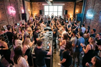 Vue d'ensemble d'une soirée DJ animée dans une salle de concert parisienne avec une foule dansante et un booth DJ éclairé sur scène