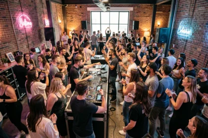Vue d'ensemble d'une soirée DJ animée dans une salle de concert parisienne avec une foule dansante et un booth DJ éclairé sur scène