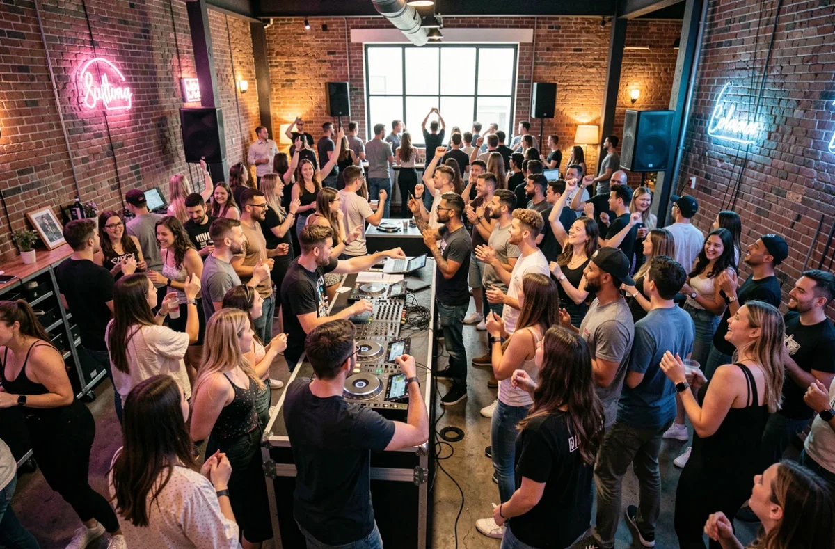 Vue d'ensemble d'une soirée DJ animée dans une salle de concert parisienne avec une foule dansante et un booth DJ éclairé sur scène