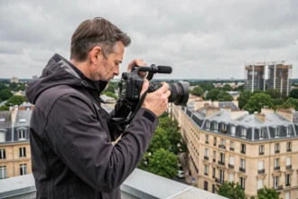 Vidéaste professionnel en train de filmer en extérieur dans le Val-d'Oise avec une caméra cinéma sur épaule