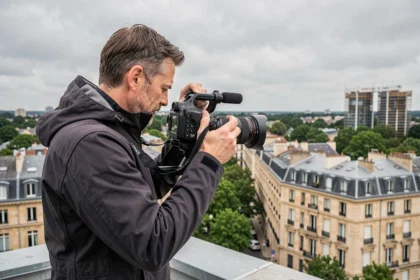 Vidéaste professionnel en train de filmer en extérieur dans le Val-d'Oise avec une caméra cinéma sur épaule