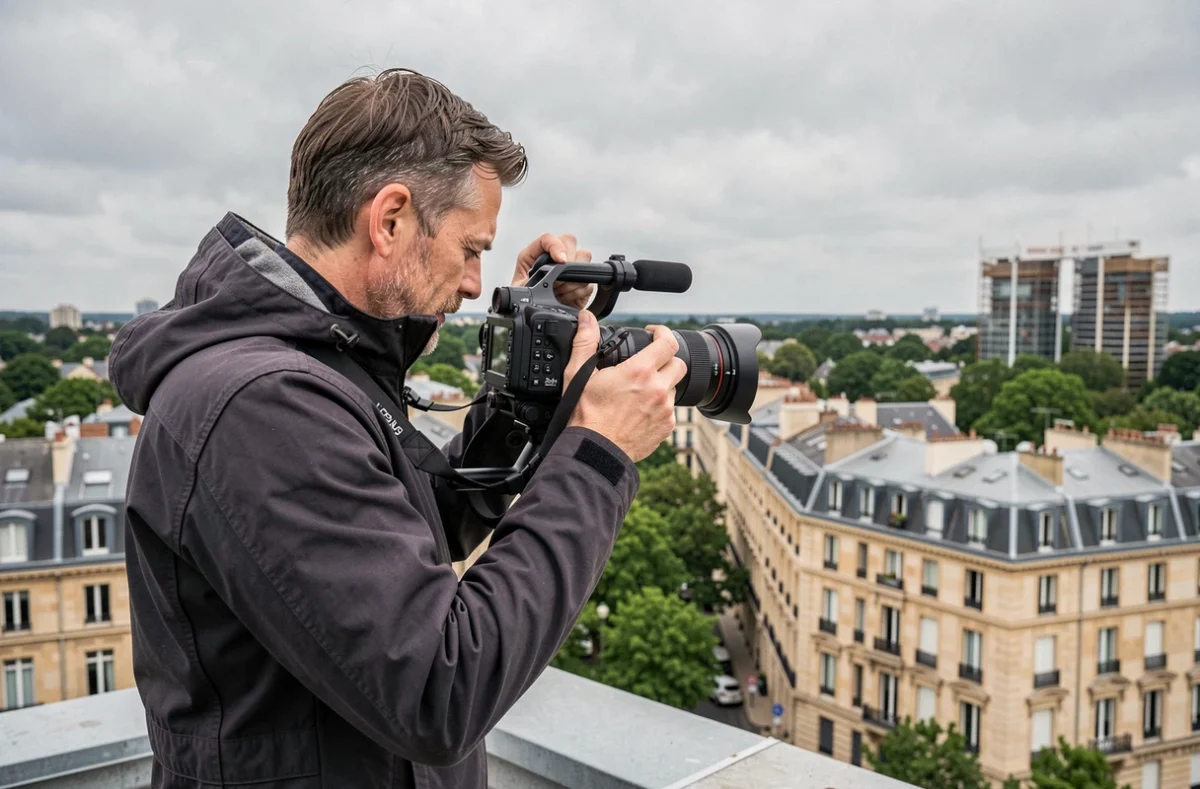 Vidéaste professionnel en train de filmer en extérieur dans le Val-d'Oise avec une caméra cinéma sur épaule