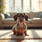 Dachshund merle assis sur un tapis moderne en salon