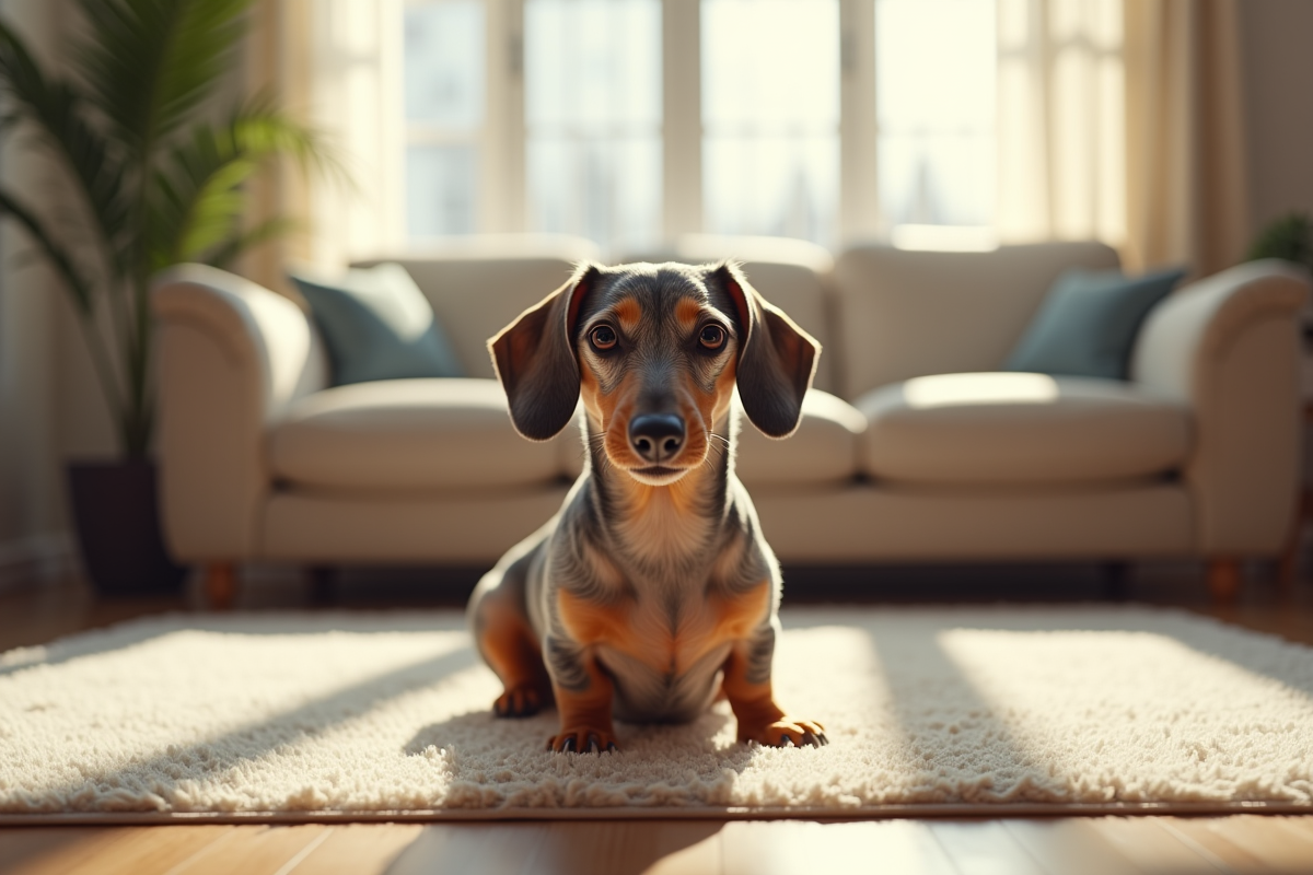 Dachshund merle assis sur un tapis moderne en salon