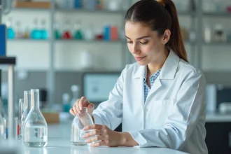 Femme scientifique en blouse blanche mesurant précisément 50 ml de liquide dans un bécher gradué en laboratoire