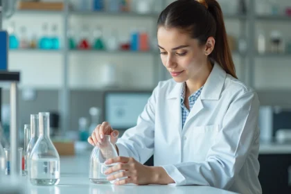 Femme scientifique en blouse blanche mesurant précisément 50 ml de liquide dans un bécher gradué en laboratoire