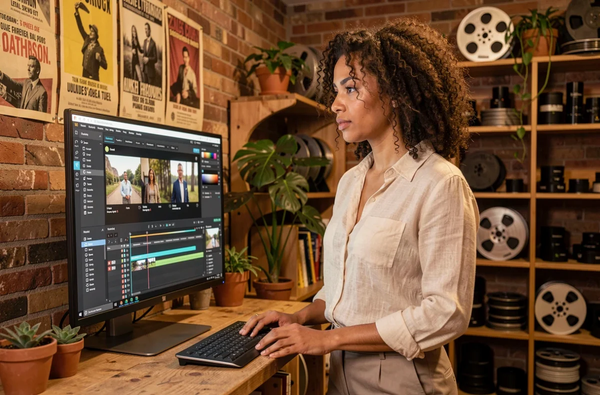 Réalisatrice d'un studio vidéo artisanal à Eaubonne consultant des rushes sur écran de montage