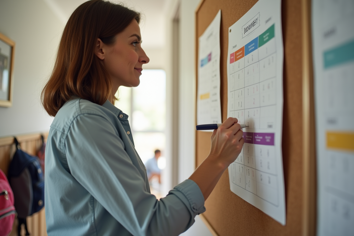 Femme écrivant sur un calendrier familial au mur