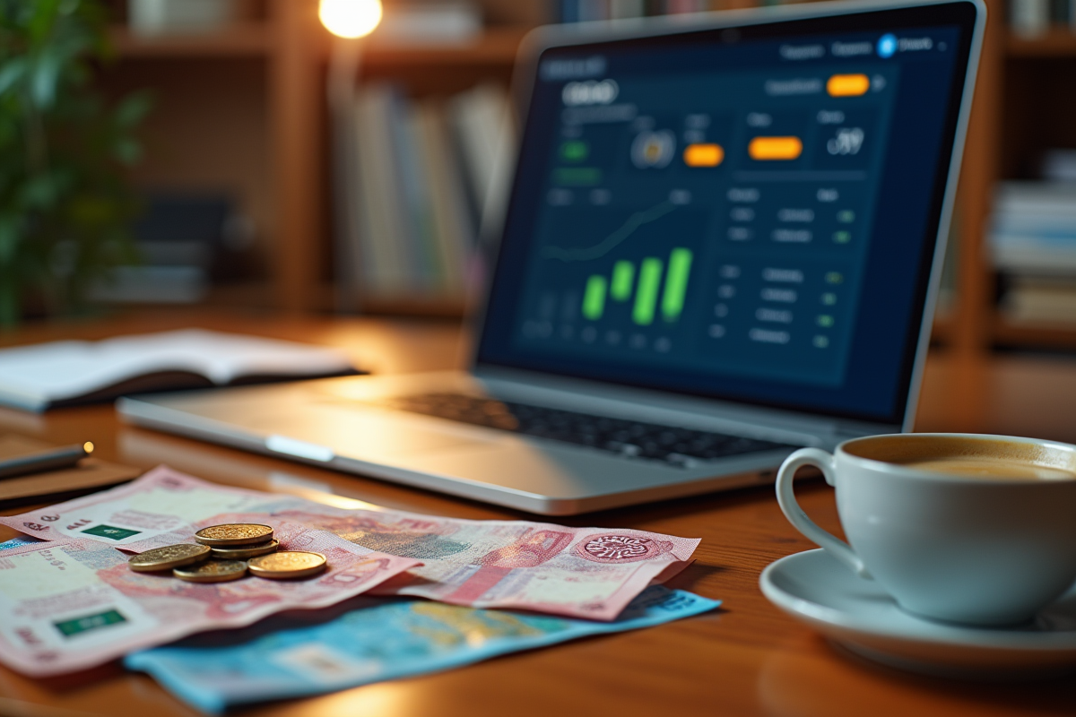 Monnaies internationales sur un bureau avec une interface de portefeuille numérique