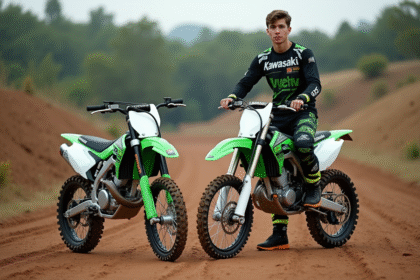 Jeune pilote motocross avec motos Kawasaki 125cc