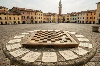 Mots croisés sur une table en pierre dans une piazza italienne avec des indices manuscrits et des toits en tuiles en arrière-plan