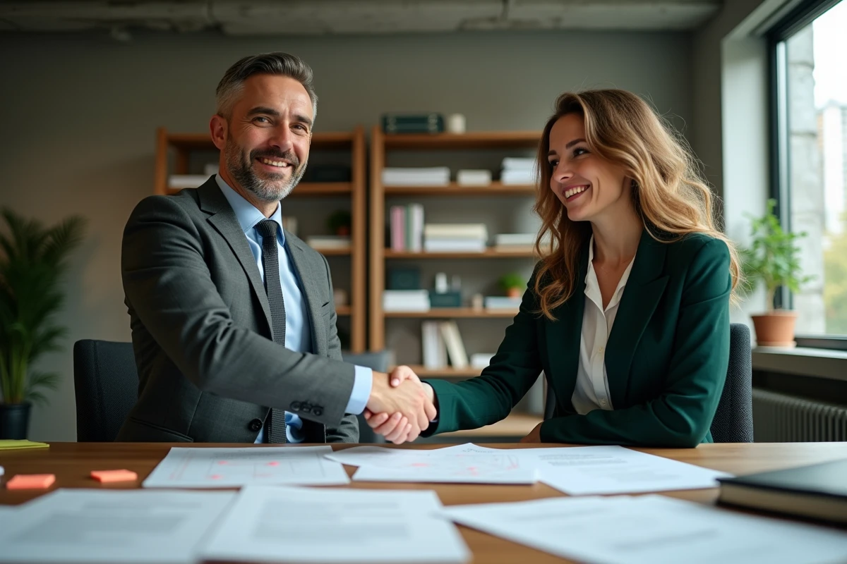 Deux professionnels du droit signant un contrat commercial après vérification d'une check-list précontractuelle, conformément aux obligations légales de l'article 1112-1 du Code civil français