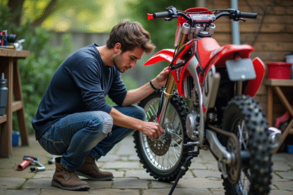 Jeune homme nettoyant la chaîne d'une moto motocross de 150 cc