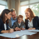 Notaire dans un bureau lumineux signant des documents en famille