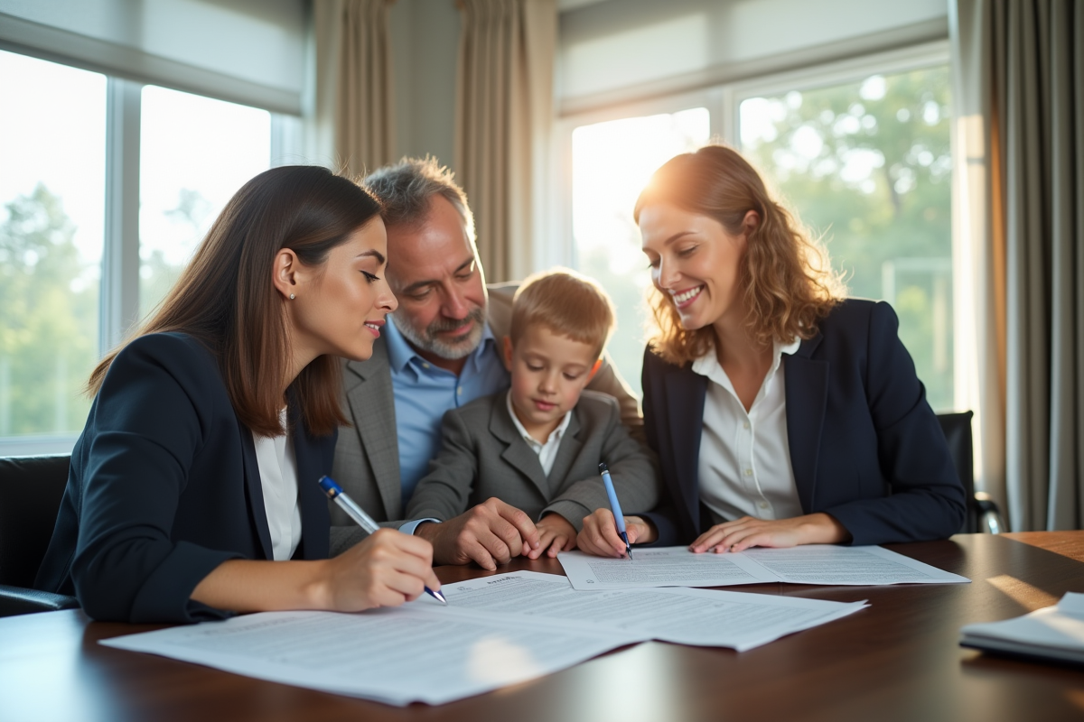 Notaire dans un bureau lumineux signant des documents en famille