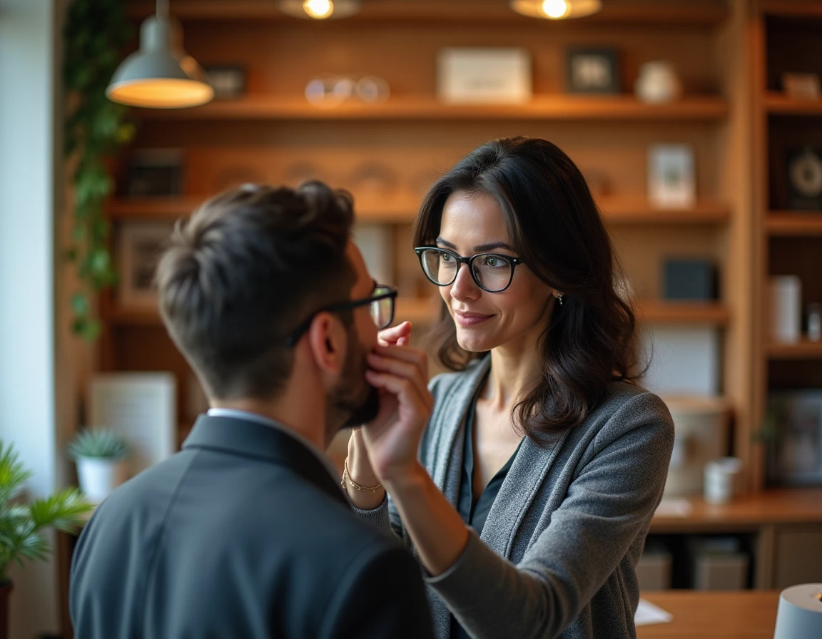 Opticienne d'Opti Corcy ajustant une paire de lunettes à un client dans une boutique conviviale