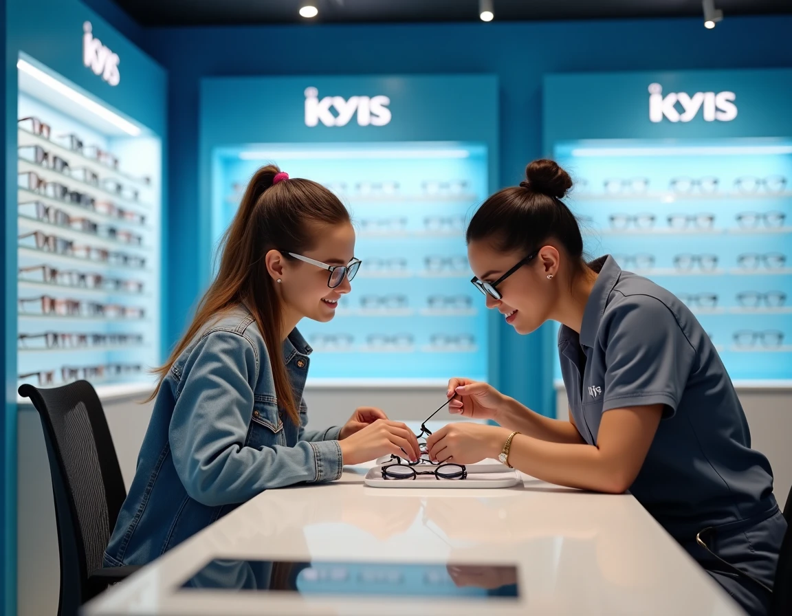 Cliente choisissant des montures chez Krys Ambérieu-en-Bugey avec l'aide d'un opticien
