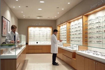 Intérieur d'une boutique d'opticien moderne dans l'Ain avec un large choix de montures de lunettes