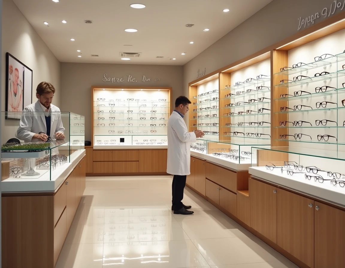 Intérieur d'une boutique d'opticien moderne dans l'Ain avec un large choix de montures de lunettes