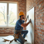 Ouvrier posant des panneaux isolants sur un mur en brique intérieur