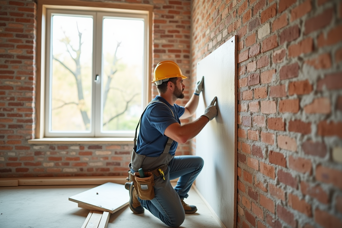 Ouvrier posant des panneaux isolants sur un mur en brique intérieur