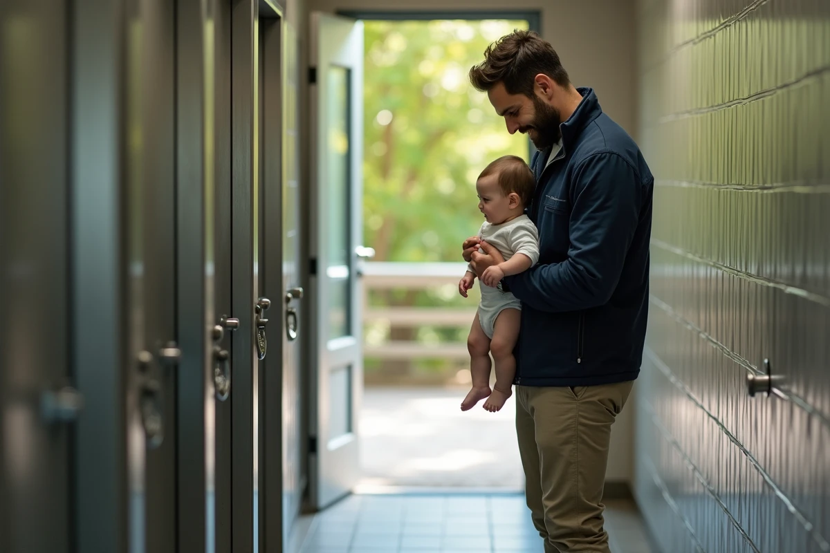 Papa changeant son bébé dans un parc en extérieur