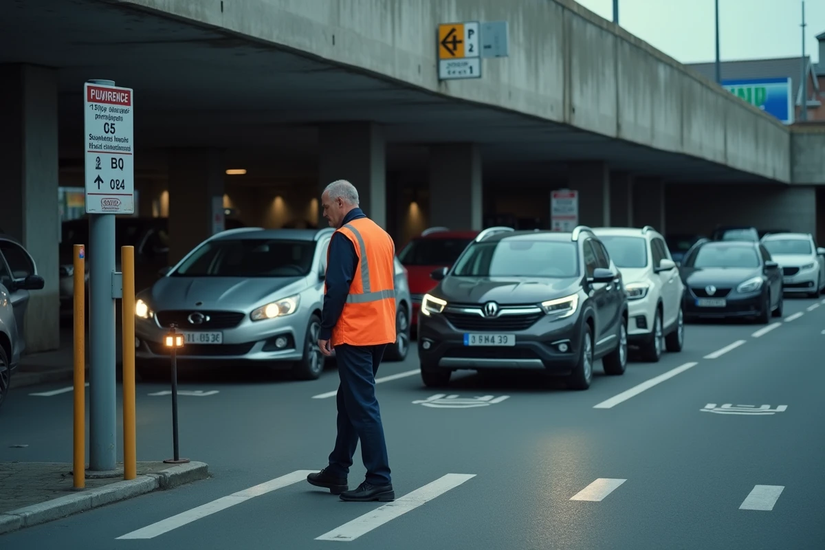 Agent de parking guidant les voitures à l'entrée d'un parking urbain près du centre de Lille un soir d'été