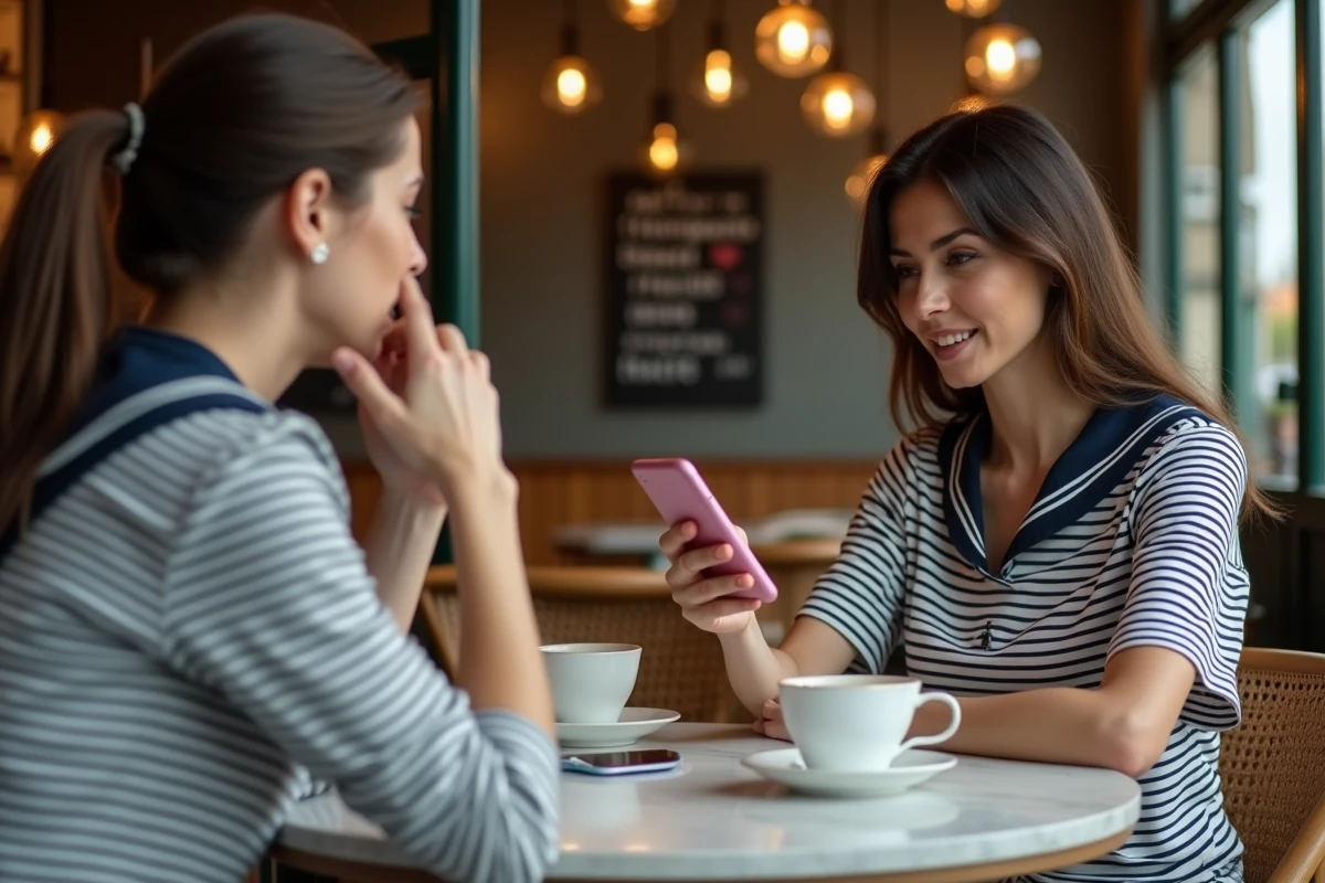 Deux amies dans un café, l'une s'apprêtant à partager un classement sur son téléphone pendant que l'autre l'avertit, illustrant l'erreur de partager sans mentionner les limites méthodologiques