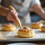Mains d'un boulanger piping pâte à choux avec craquelin