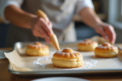 Mains d'un boulanger piping pâte à choux avec craquelin