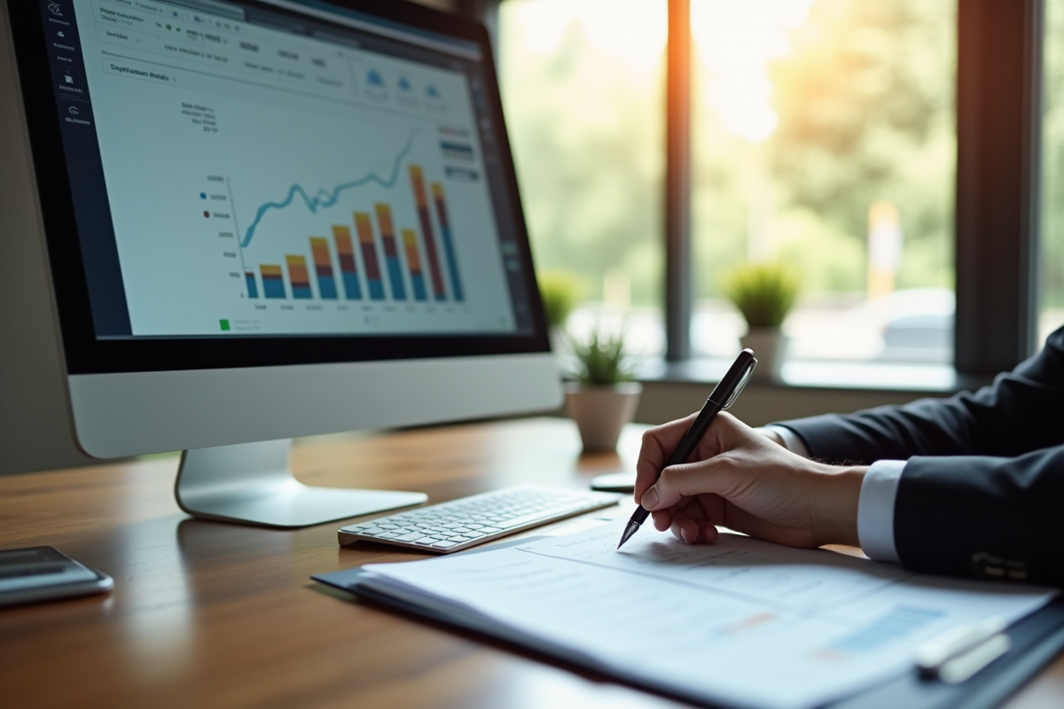 Professionnel d'affaires analysant des documents financiers avec graphique immobilier