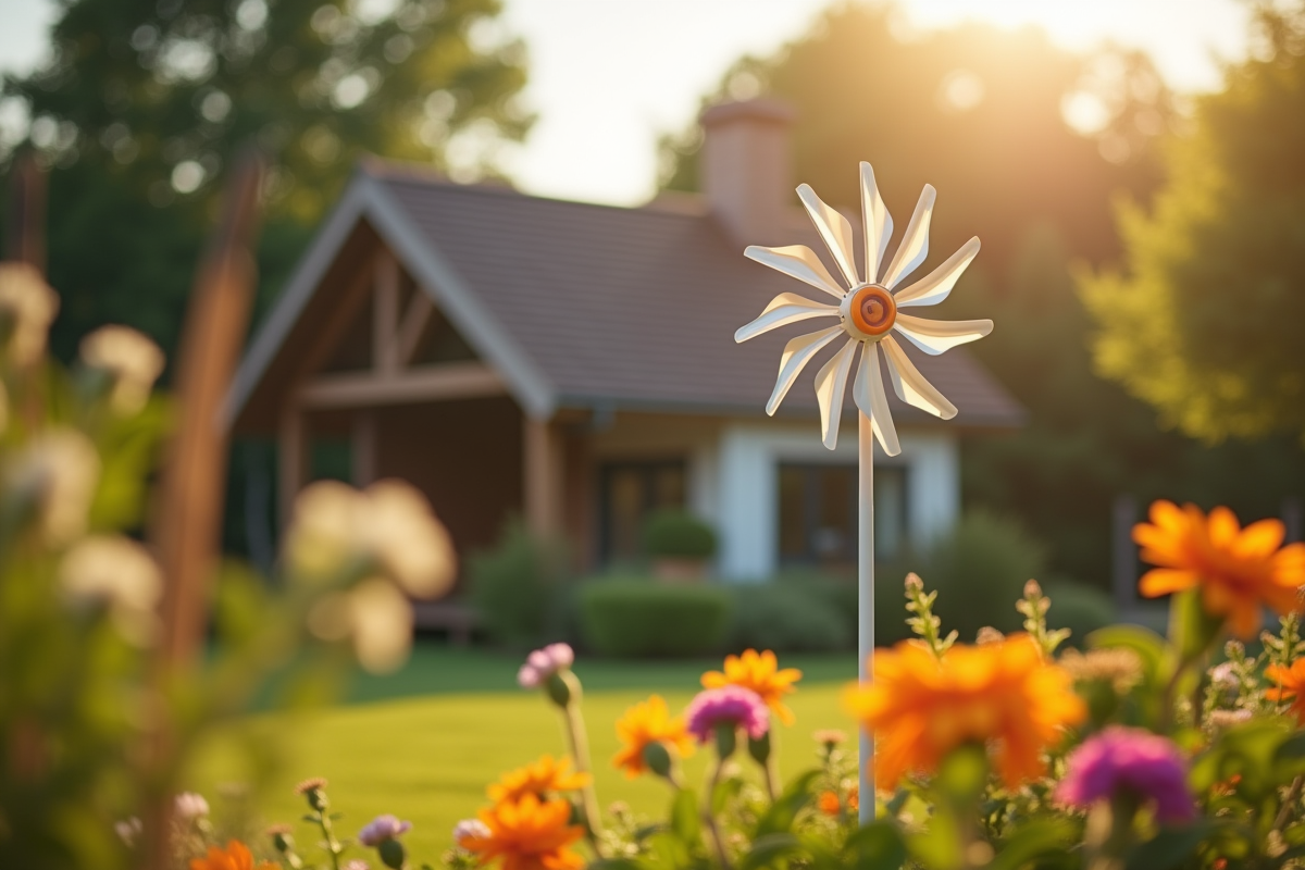 Petite éolienne dans un jardin fleuri avec maison écologique