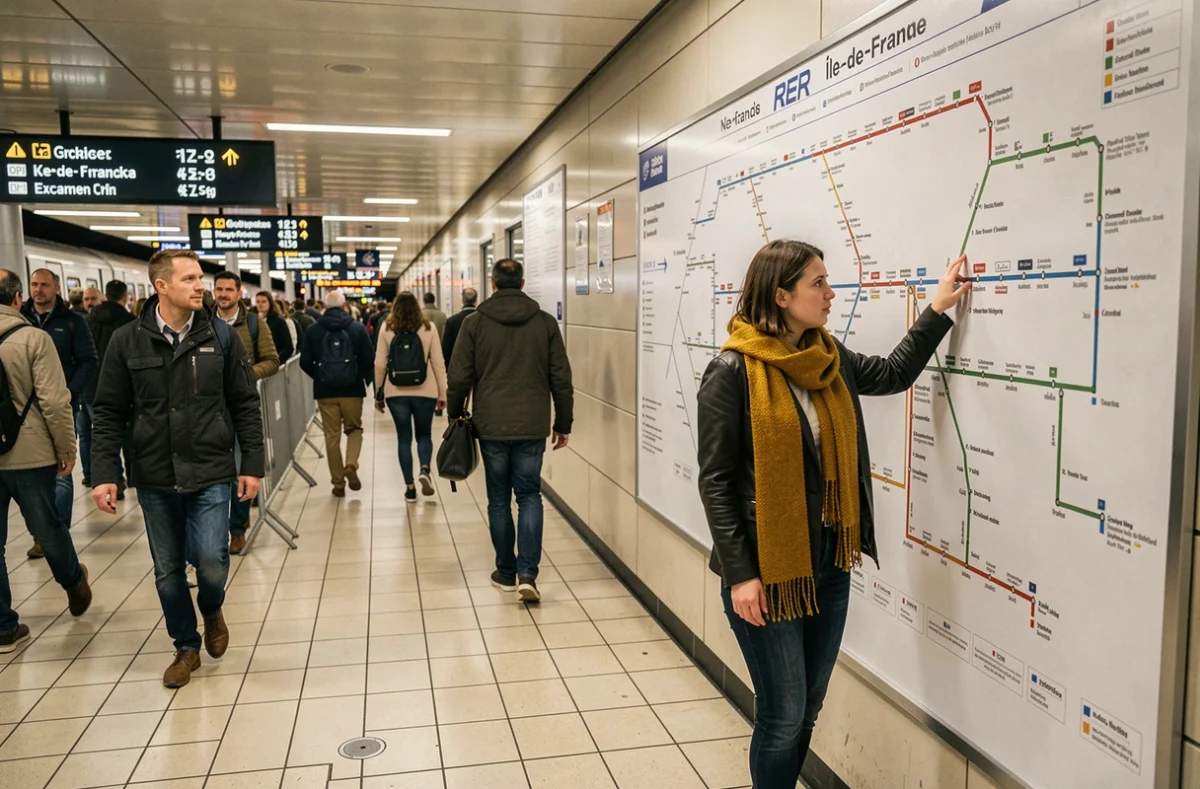 Vue grand angle d'une femme consultant le plan officiel du RER Île-de-France affiché dans une grande gare parisienne en heure de pointe