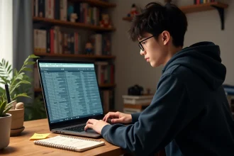 Jeune homme consultant un planning d'anime sur son ordinateur portable avec une liste manuscrite sur son bureau