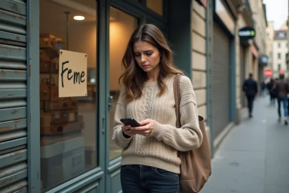 Femme devant un point Vinted Go fermé tenant son téléphone et une étiquette de colis dans une rue française