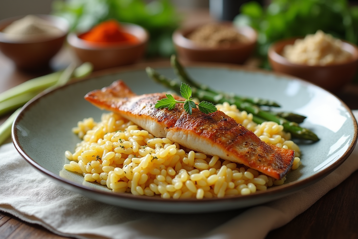 Poisson avec risotto crémeux et asperges grillées en gros plan