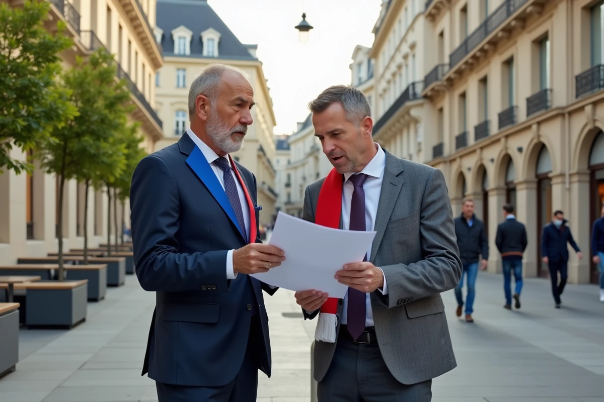 Maire en écharpe tricolore devant une place rénovée avec un document de politique sécuritaire, illustrant l'impact négligé des politiques locales de sécurité