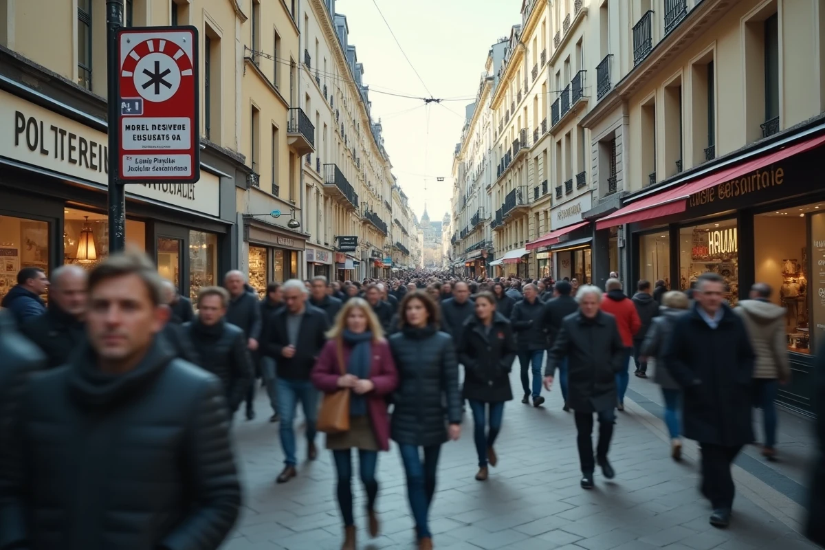 Foule dense de passants dans une zone piétonne urbaine illustrant la population non résidente dans le calcul du taux de délinquance